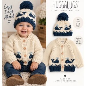 HuggaLugs Baby Knit Cardigan Sweater & Pom Pom Hat Set NWT 18-24M / 2-6Y